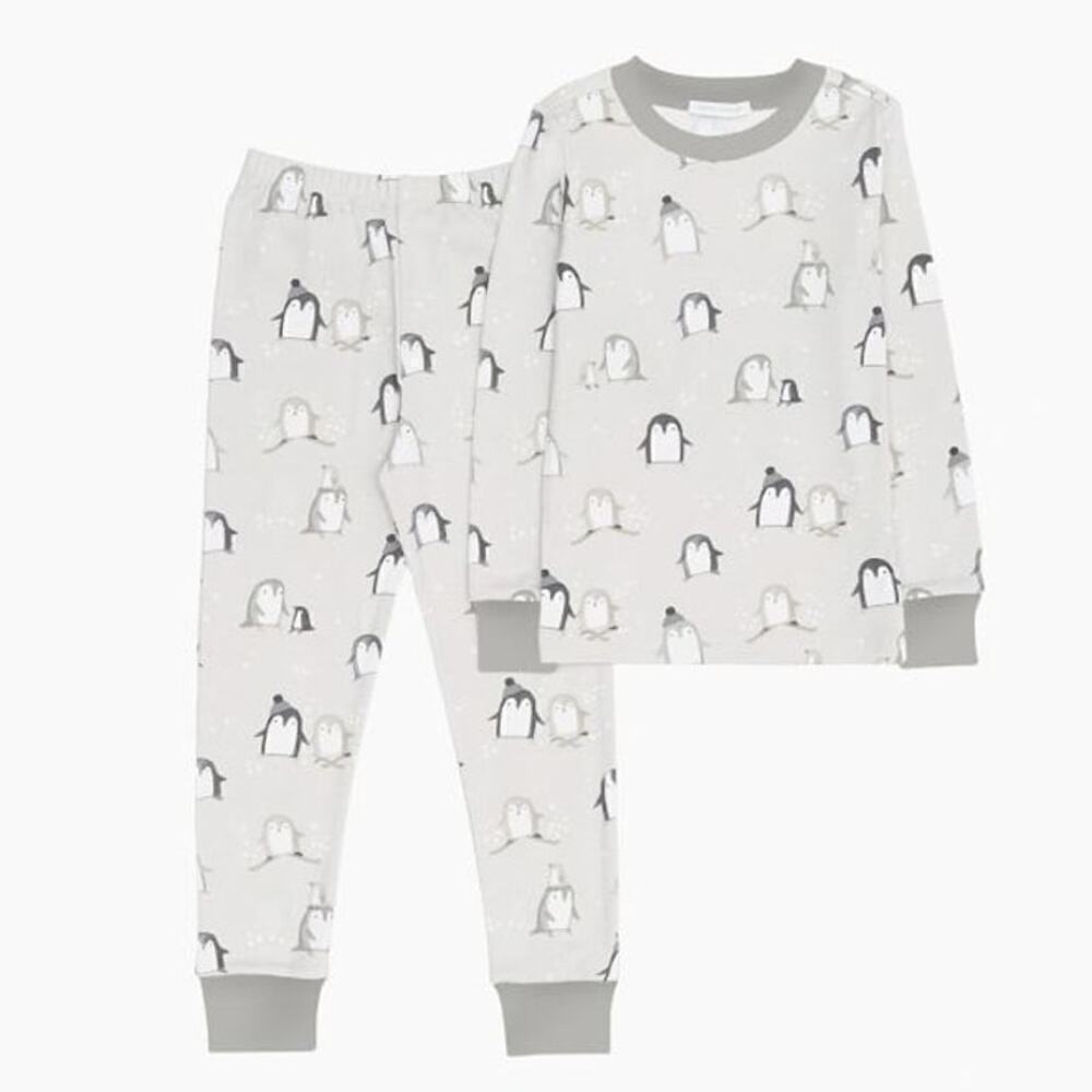 Pottery Barn Women's Two Piece Holiday Penguin Gray Knit Pajamas Size Small